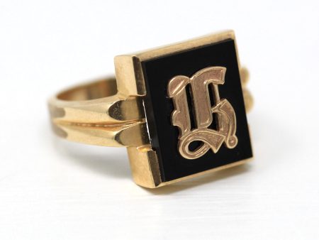 Letter  H  Ring - Retro 10k Yellow Gold Genuine Onyx Old English Initial - Vintage Circa 1960s Size 10 1 2 Statement New Old Stock Jewelry For Cheap