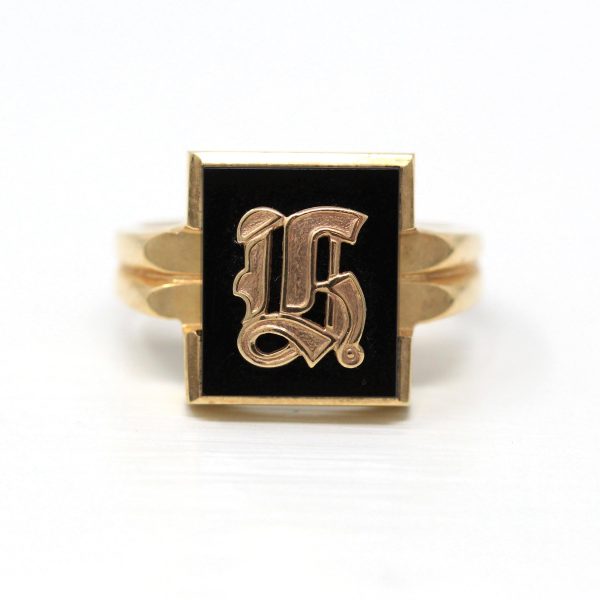 Letter  H  Ring - Retro 10k Yellow Gold Genuine Onyx Old English Initial - Vintage Circa 1960s Size 10 1 2 Statement New Old Stock Jewelry For Cheap