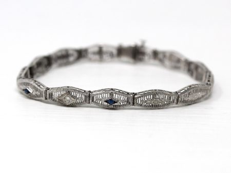 Art Deco Bracelet - Vintage 14k White Gold Diamond Simulated Sapphire Filigree Panel Links - Antique Circa 1930s Blue Floral Fine Jewelry on Sale