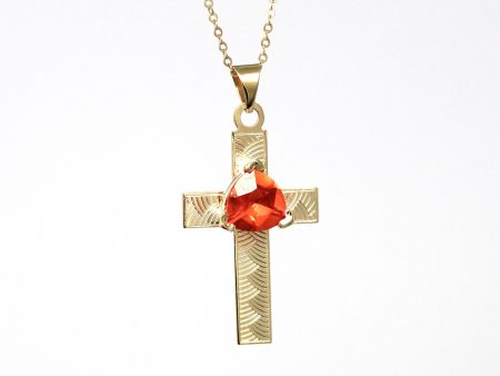 Created Orange Sapphire Cross Necklace - Modern 14k Yellow Gold Trilliant Cut Orange Pendant Charm - Estate Religious Faith Fine Jewelry Hot on Sale