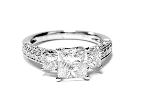 14k White Gold Ctr 1.12 Ct SI2 F GIA, Mounting 0.51 Princess, 0.41 Round Diamond Ring Hot on Sale