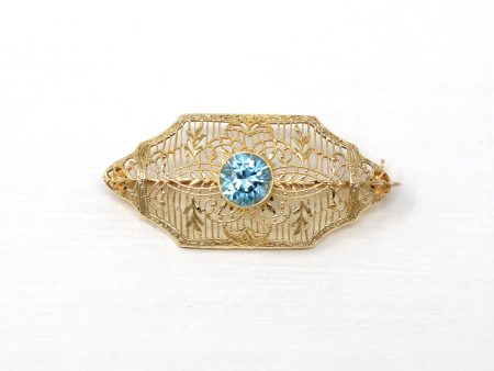 Genuine Zircon Brooch - Retro 10k Yellow Gold Genuine 1.33 CT Blue Gemstone - Vintage Circa 1940s Era Filigree Leaf Statement Pin Jewelry Online Hot Sale