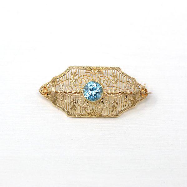 Genuine Zircon Brooch - Retro 10k Yellow Gold Genuine 1.33 CT Blue Gemstone - Vintage Circa 1940s Era Filigree Leaf Statement Pin Jewelry Online Hot Sale