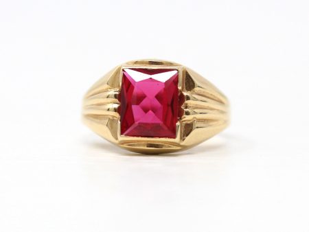 Created Ruby Ring - Retro 10k Yellow Gold Faceted 2.05 ct Rectangular Stone - Vintage Circa 1960s Size 5 3 4 New Old Stock Statement Jewelry on Sale