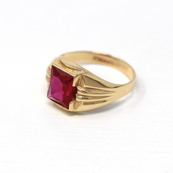 Created Ruby Ring - Retro 10k Yellow Gold Faceted 2.05 ct Rectangular Stone - Vintage Circa 1960s Size 5 3 4 New Old Stock Statement Jewelry on Sale