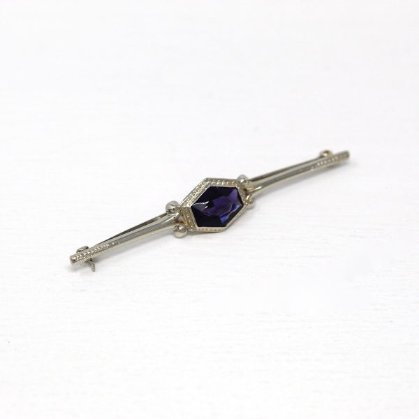 Art Deco Brooch - Vintage 10k White Gold Indigo Glass Simulated Sapphire Pin - Circa 1930s Era Bar Style Fashion Accessory Fine 30s Jewelry Hot on Sale