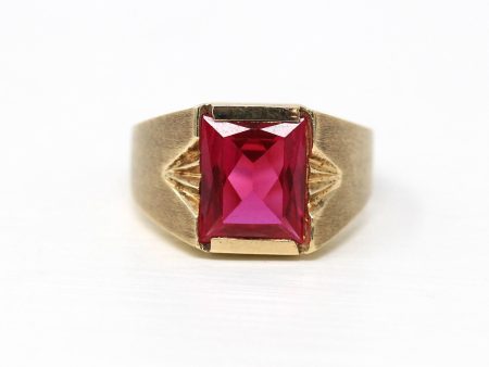 Created Ruby Ring - Retro 10k Yellow Gold Faceted 6.70 ct Rectangular Stone - Vintage Circa 1960s Size 7 New Old Stock Statement Jewelry Cheap