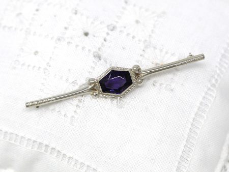 Art Deco Brooch - Vintage 10k White Gold Indigo Glass Simulated Sapphire Pin - Circa 1930s Era Bar Style Fashion Accessory Fine 30s Jewelry Hot on Sale