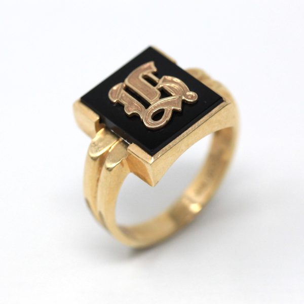 Letter  H  Ring - Retro 10k Yellow Gold Genuine Onyx Old English Initial - Vintage Circa 1960s Size 10 1 2 Statement New Old Stock Jewelry For Cheap