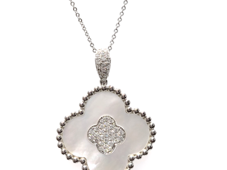 14k White Gold Mother of Pearl and 0.41Ct Diamond Clover Pendant Sale