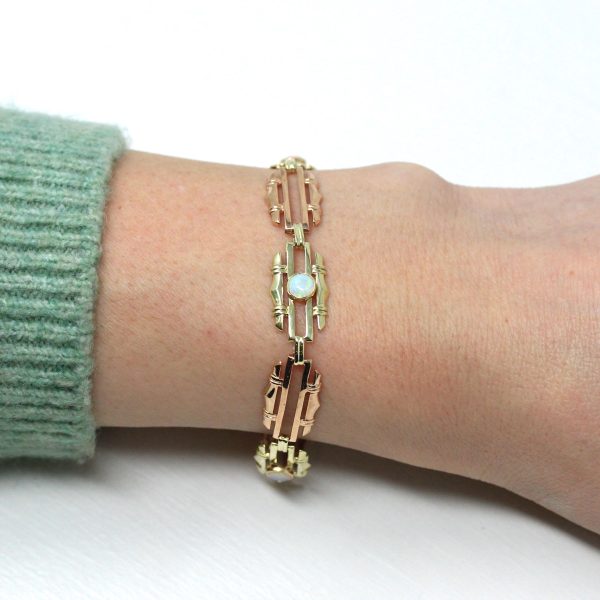 Genuine Opal Bracelet - Retro 14k Yellow & Rose Gold Cabochon Gemstones - Vintage Circa 1940s Era Two Tone October Birthstone Fine Jewelry For Discount