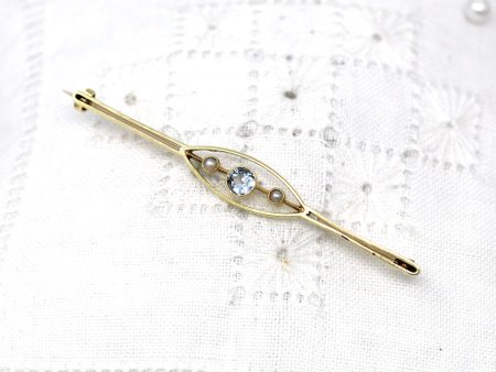 Genuine Aquamarine Brooch - Antique Edwardian 15k Yellow Gold Light Blue Gem & Seed Pearl - Circa 1910s Era March Birthstone Fine Jewelry For Sale