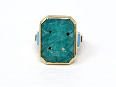 Sale - Vintage Amazonite Ring - Art Deco 10k Yellow Gold Carved Floral Gemstone - Antique Circa 1930s Size 3 Blue Black Enamel Fine Jewelry For Sale