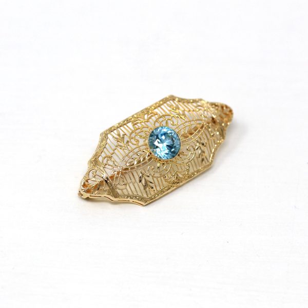 Genuine Zircon Brooch - Retro 10k Yellow Gold Genuine 1.33 CT Blue Gemstone - Vintage Circa 1940s Era Filigree Leaf Statement Pin Jewelry Online Hot Sale