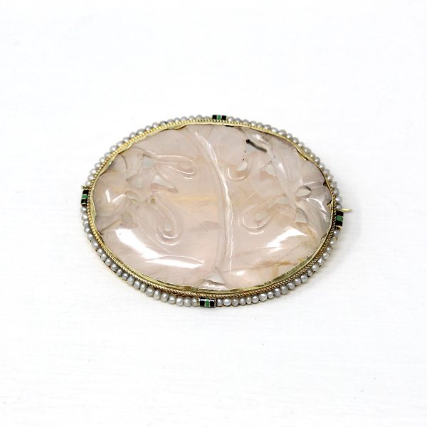 Art Deco Brooch - Antique 14k Yellow Gold Carved Rose Quartz & Seed Pearl Halo Pin - Circa 1920s Black Enamel 20s Walter Lampl Fine Jewelry For Sale