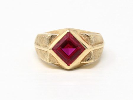 Created Ruby Ring - Retro 10k Yellow Gold Square Cut Red Stone Chunky Men s Band - Vintage Circa 1960s Era Size 8 3 4 New Old Stock Jewelry Online now