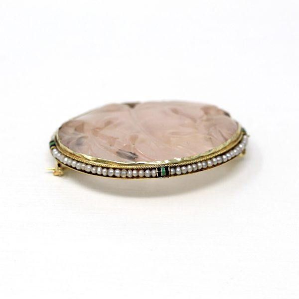 Art Deco Brooch - Antique 14k Yellow Gold Carved Rose Quartz & Seed Pearl Halo Pin - Circa 1920s Black Enamel 20s Walter Lampl Fine Jewelry For Sale