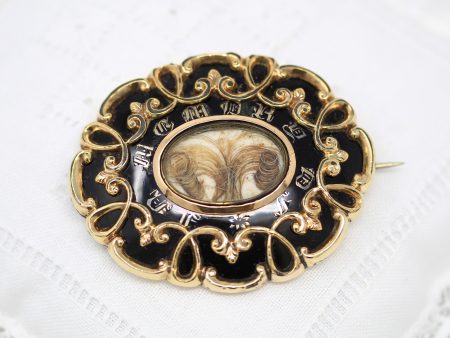 Sale - Victorian Mourning Brooch - Antique Gold Shell Enamel  In Memory Of  Pin - Dated May 28th 1857 H. Collings Hair Art Memorial Jewelry Hot on Sale