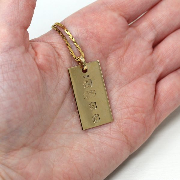 Sale - Vintage Ingot Pendant - Retro 9 Carat Solid Yellow Gold Blank Engrave Rectangular Necklace - Hallmarked 1977 London England Jewelry For Discount