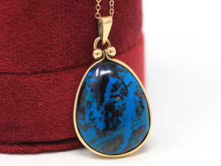 Sale - Simulated Turquoise Pendant - Estate 14k Yellow Gold Cabochon Cut Blue Black Necklace - Modern Circa 2000s Era Statement Fine Jewelry Online now