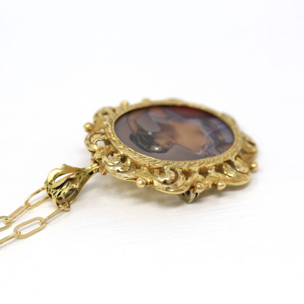 Sale - Miniature Portrait Pendant - Vintage 18k Yellow Gold Hand Painted Brooch Statement Necklace - 1960s Italian Antique Revival Jewelry Online now