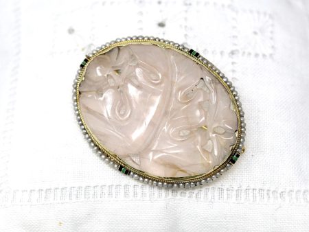 Art Deco Brooch - Antique 14k Yellow Gold Carved Rose Quartz & Seed Pearl Halo Pin - Circa 1920s Black Enamel 20s Walter Lampl Fine Jewelry For Sale