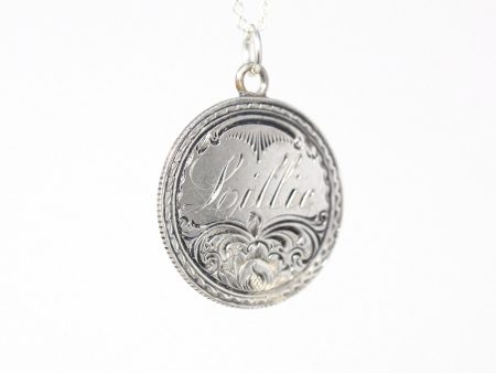 Antique Love Token - Victorian Era .900 Silver Engraved Name Lillie Pendant Necklace - Dated 1876 Liberty Seated Quarter Currency Jewelry Sale