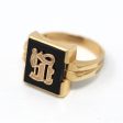 Letter  H  Ring - Retro 10k Yellow Gold Genuine Onyx Old English Initial - Vintage Circa 1960s Size 10 1 2 Statement New Old Stock Jewelry For Cheap