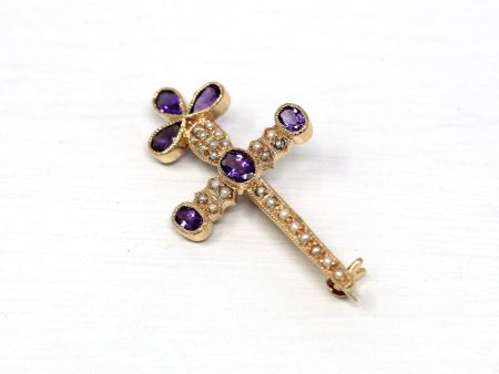 Sale - Vintage Sword Brooch - Retro Amethyst Victorian Revival Seed Pearl Pin - 1960s Fashion Accessory Fine Cross Motif Mid Century Jewelry Online Sale