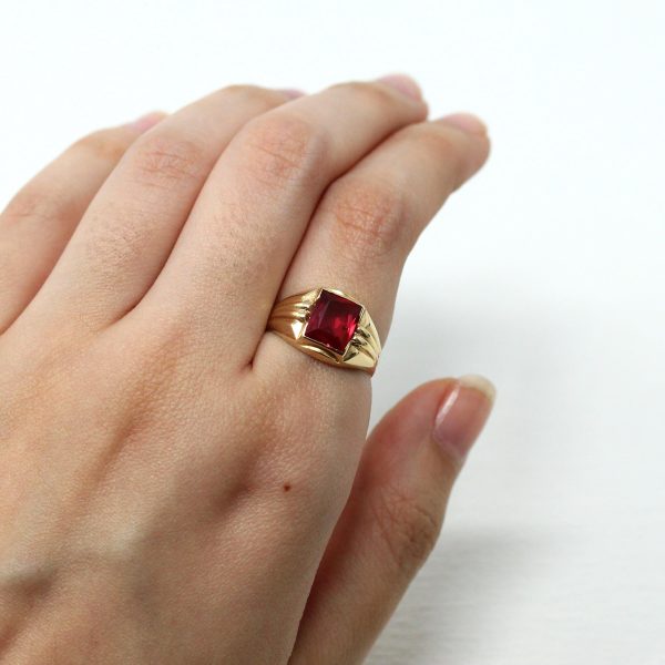 Created Ruby Ring - Retro 10k Yellow Gold Faceted 2.05 ct Rectangular Stone - Vintage Circa 1960s Size 5 3 4 New Old Stock Statement Jewelry on Sale