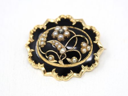 Sale - Antique Hair Brooch - Victorian Gold Shell Black Enamel Cultured Pearls Pin - Circa 1880s Era Genuine Rose Cut Diamond Flower Jewelry Online Sale