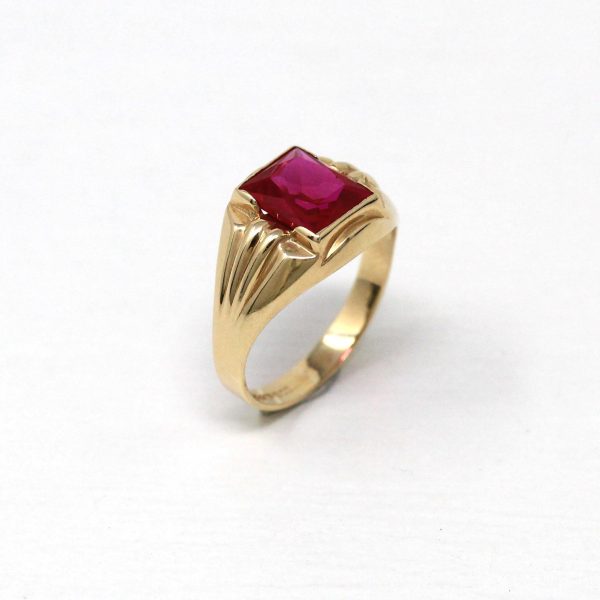 Created Ruby Ring - Retro 10k Yellow Gold Faceted 2.05 ct Rectangular Stone - Vintage Circa 1960s Size 5 3 4 New Old Stock Statement Jewelry on Sale