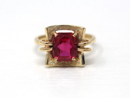 Created Ruby Ring - Vintage Retro 10k Yellow Gold 1.94 Ct Red July Birthstone - Circa 1960s Era Size 4 3 4 New Old Stock 60s Fine Jewelry Discount