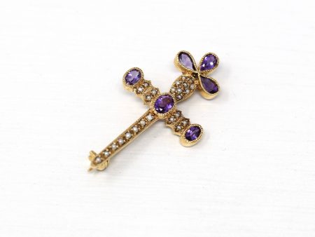 Sale - Vintage Amethyst Brooch - Retro Victorian Revival Seed Pearl Pin - 1960s Fashion Accessory Fine Sword Cross Motif Mid Century Jewelry Online