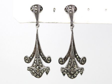 Art Deco Earrings - Vintage Sterling Silver Marcasite Dangling Screw Backs - Vintage Circa 1930s Era Statement Fashion Accessory 30s Jewelry Supply