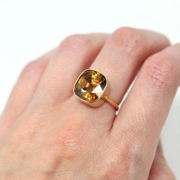 10.07 ct Gold Zircon Ring - 18k Yellow Gold Bezel Set Orange Brown Gemstone - Modern Size 6 Cushion Statement Fine Cocktail Jewelry Online Hot Sale