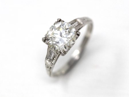 1.72 ct Diamond Engagement Ring - 1950s Platinum Round Cut & Baguette Diamond - Size 5 Engraved Mid Century 1950s GIA Report Jewelry For Discount