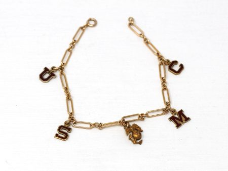 Vintage Charm Bracelet - Retro Circa 1940s Era Yellow Gold Filled Sweetheart Marine USMC Letters - Era Red Enamel Eagle Globe Anchor Jewelry For Sale