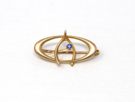 Crescent Moon Brooch - Antique Edwardian Era 10k Yellow Gold Blue Garnet & Glass Doublet Wishbone Pin - Vintage Circa 1910s Fine Jewelry Online