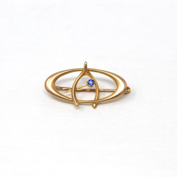 Crescent Moon Brooch - Antique Edwardian Era 10k Yellow Gold Blue Garnet & Glass Doublet Wishbone Pin - Vintage Circa 1910s Fine Jewelry Online