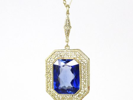 Art Deco Necklace - Vintage 14k Yellow Gold 10.91 CT Created Sapphire Statement - Circa 1930s Era Flower Filigree September Fine 30s Jewelry on Sale