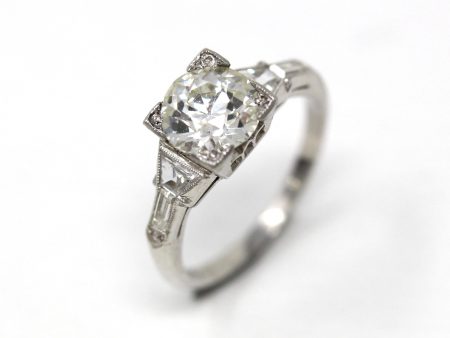 1.37 ct Diamond Engagement Ring - 1950s Platinum Round Cut & Baguette Diamond - Size 4 3 4 Milgrain Mid Century 1950s GIA Report Jewelry Online Hot Sale