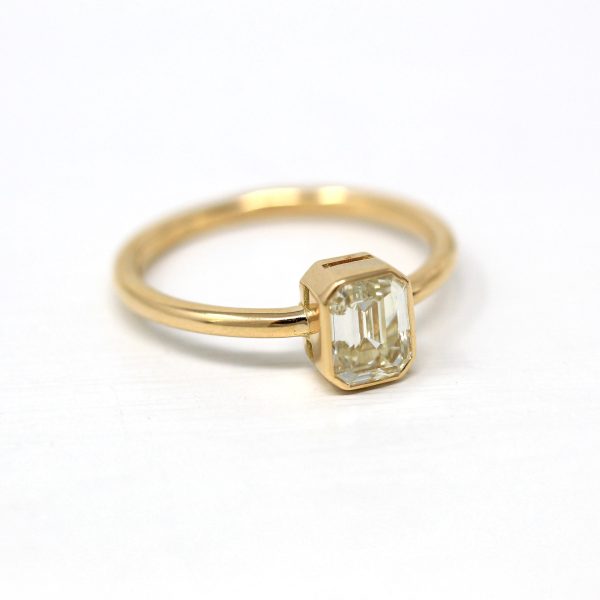 1.15 ct Emerald Cut Diamond Engagement Ring - 18k Yellow Gold Bezel Set Vintage Recycled Gem - Size 6 1 4 Fine Bridal Classic Jewelry For Discount