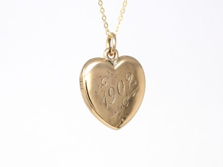 Dated 1902 Locket - Edwardian 10k Gold Heart Shaped Keepsake Pendant Necklace - Circa 1900s Era Engraved Letters Initials Photo Jewelry Online Hot Sale